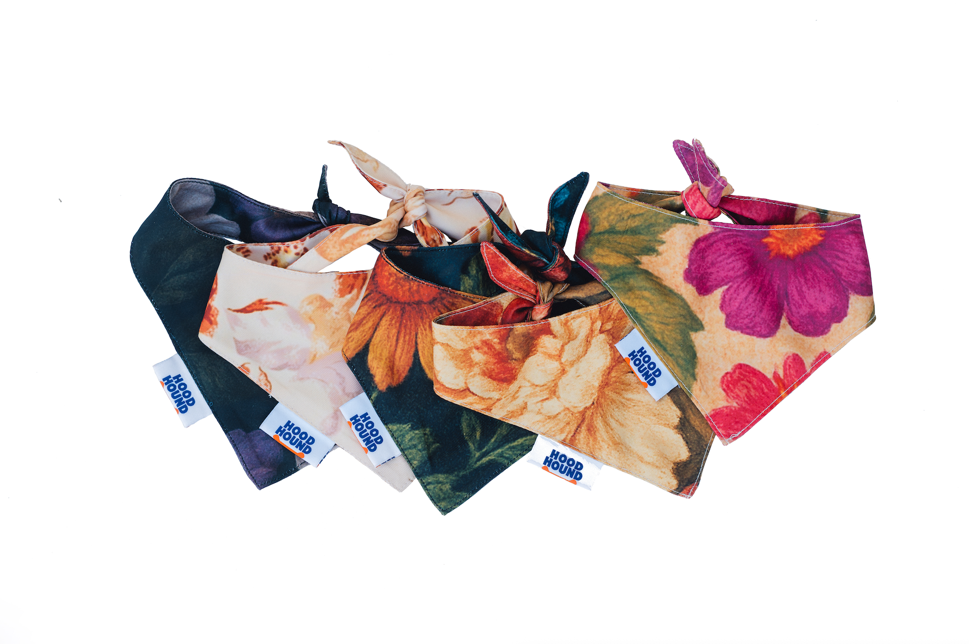 Set of floral-patterned hood hound dog bandanas 